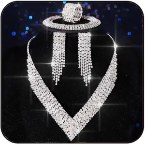 Aukmla Bridal Wedding Jewelry Set Silver Rhinestones Bride Wedding Necklace Earring Bracelet Ring Sets Prom Necklaces for Women