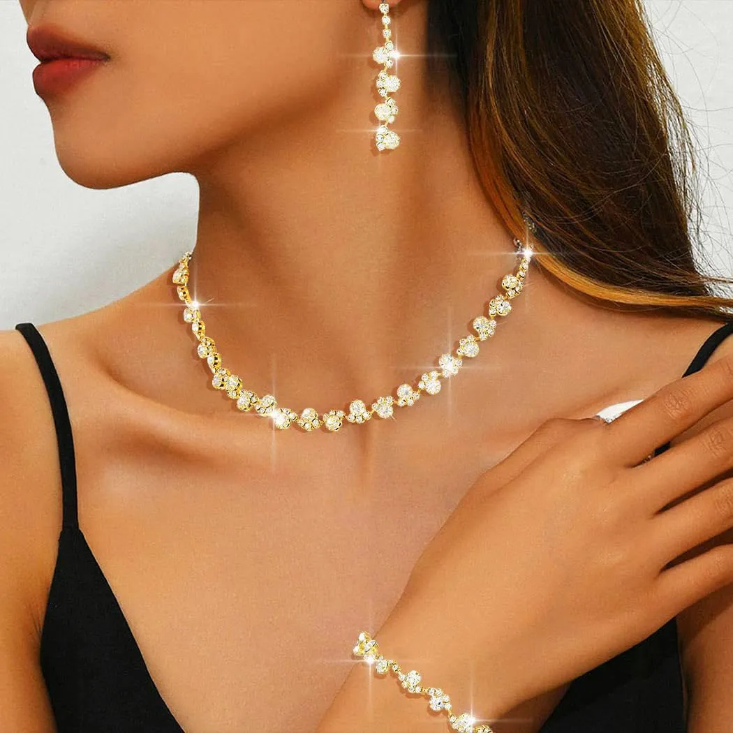 Aukmla Bridal Wedding Jewelry Set Silver Rhinestones Choker Necklaces Earrings Bracelet Sets Prom Jewelry for Women and Brides
