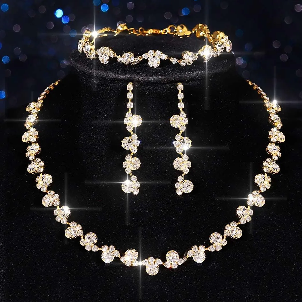 Aukmla Bridal Wedding Jewelry Set Silver Rhinestones Choker Necklaces Earrings Bracelet Sets Prom Jewelry for Women and Brides