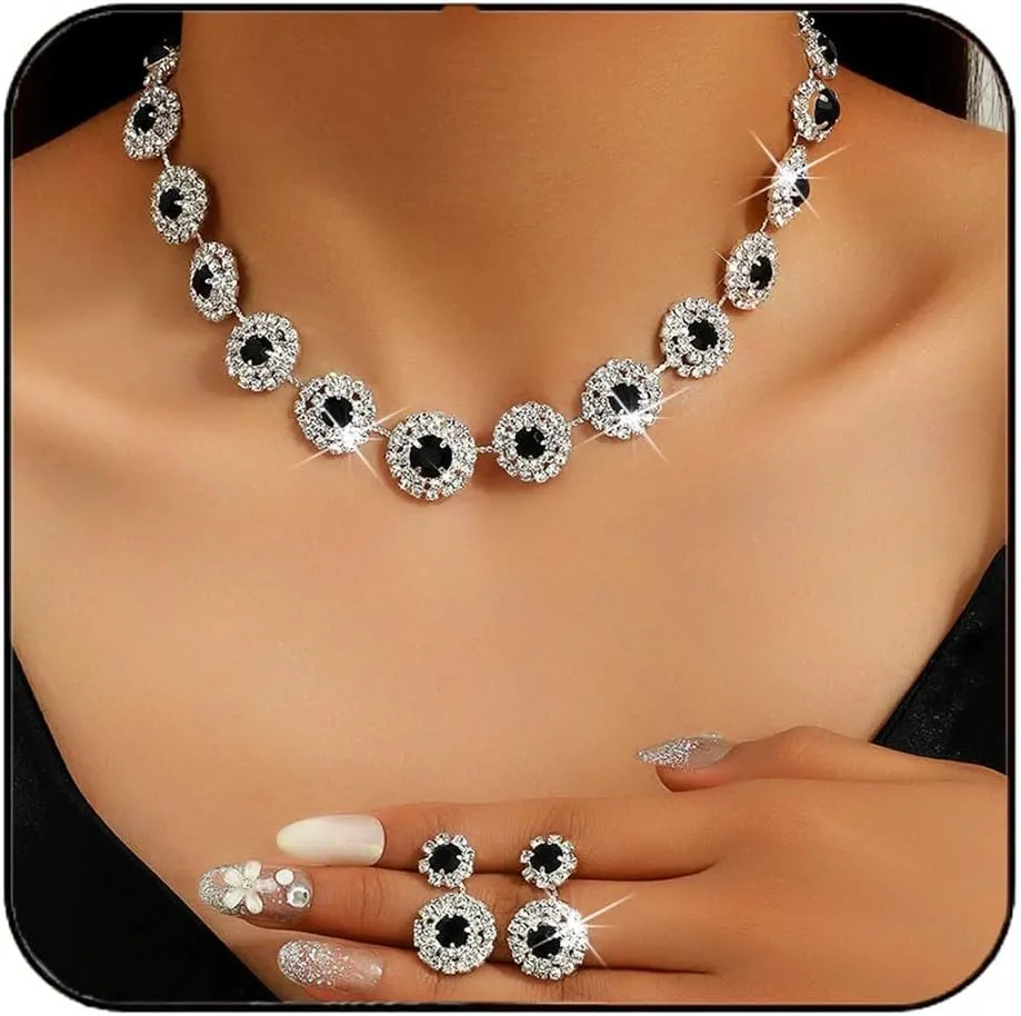 Aukmla Crystal Bridal Wedding Jewelry Set Silver Rhinestones Necklaces Earrings Sets Prom Jewelry for Women and Brides