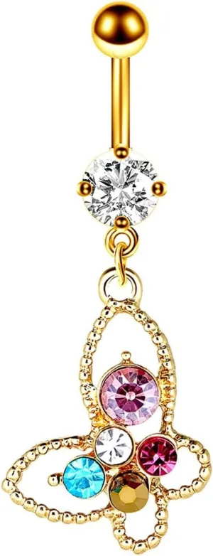 Bar Belly Ring Women, Belly Rings Dangle Navel Rings Surgical Steel Colorful Cubic Zirconia Hollow Butterfly Gold Navel Rings for Women