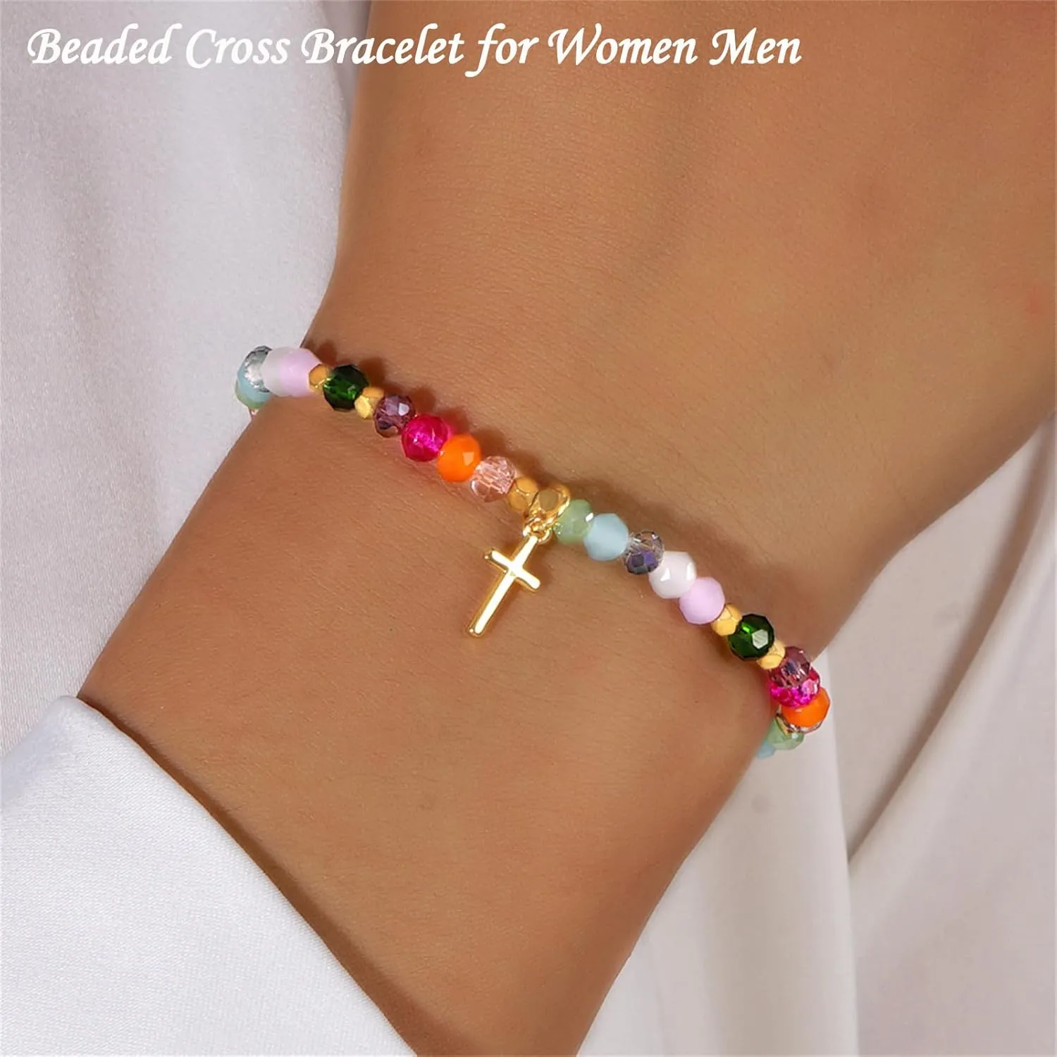 Beaded Cross Bracelet for Women Men,Handmade Adjustable Natural Beads Bracelets Religious Catholic Bracelet Faith Inspirational Elastic Rope Protection Pray Jewelry