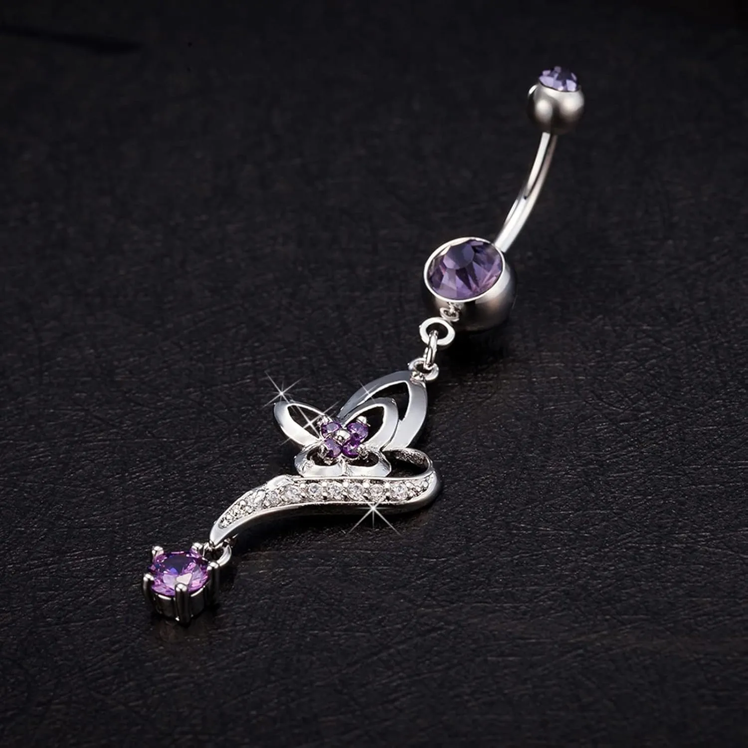 Belly Rings 14G Belly Button Rings Stainless Steel Dangle,Flower Dangle with Cubic Zirconia White Navel Rings for Women