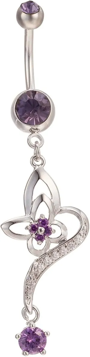 Belly Rings 14G Belly Button Rings Stainless Steel Dangle,Flower Dangle with Cubic Zirconia White Navel Rings for Women
