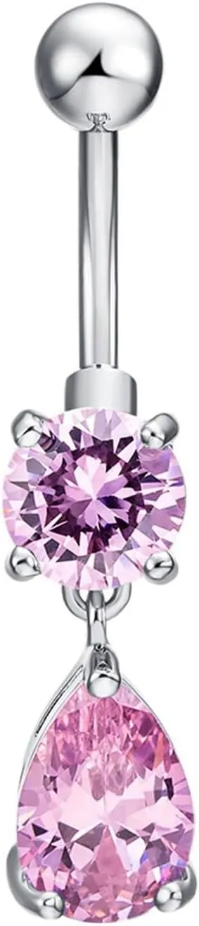 Belly Rings for Women, Belly Rings Dangle Navel Rings Surgical Steel White/Pink/Purple Cubic Zirconia Water Drop Belly Button Jewelry