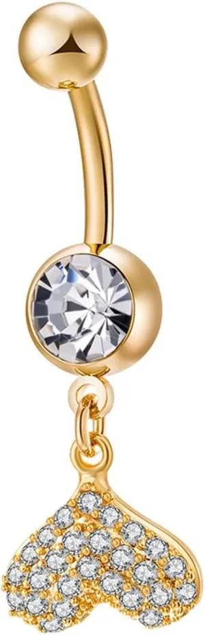 Belly Rings For Women, Dangle Belly Ring Belly Rings Surgical Steel Heart Cubic Zirconia Gold Navel Rings For Women