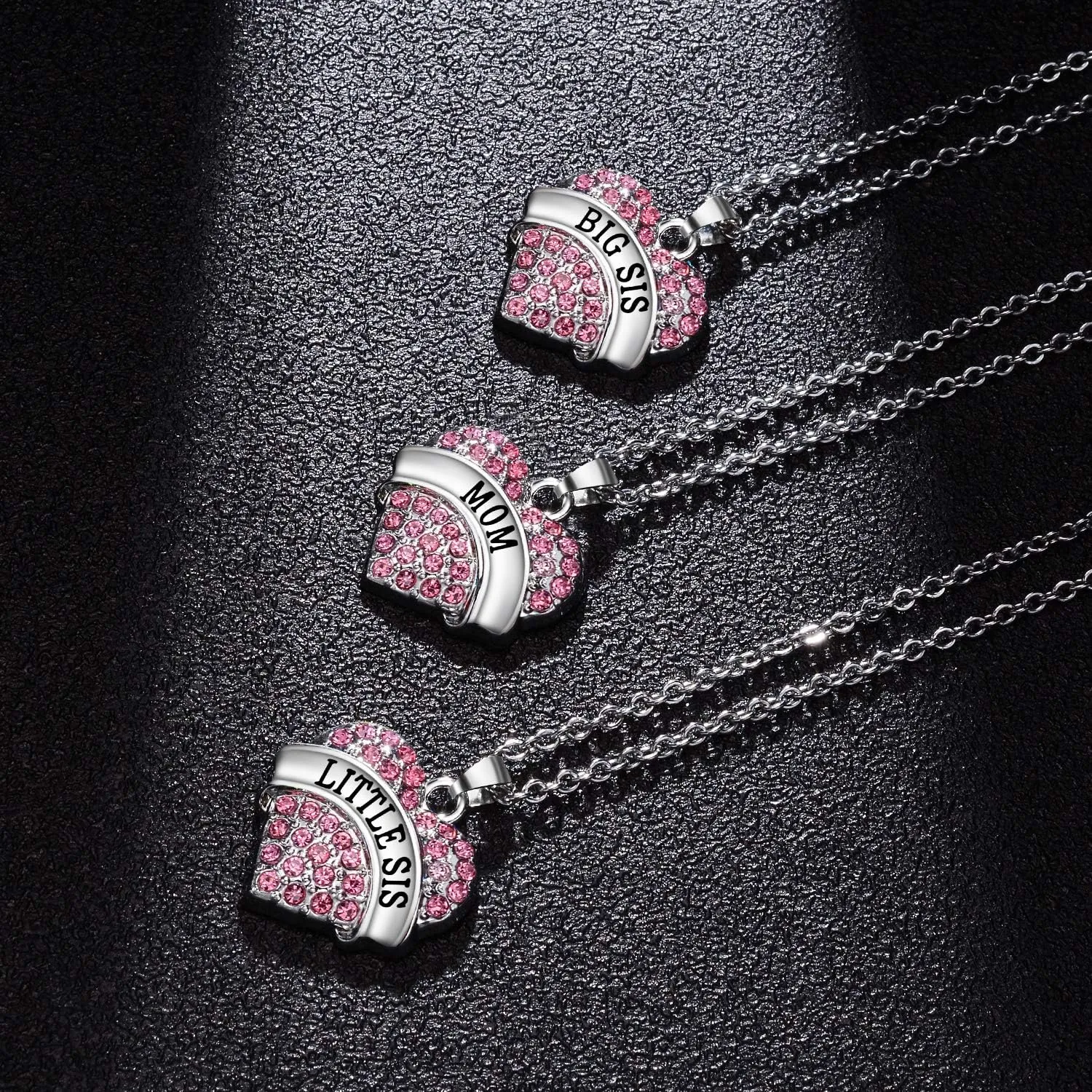 BESPMOSP Big Sis Lil Sis Mom Crystal Heart Pendant Necklace Set Gift for Sister Mother's Day Gift Family Jewelry