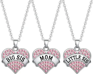 BESPMOSP Big Sis Lil Sis Mom Crystal Heart Pendant Necklace Set Gift for Sister Mother's Day Gift Family Jewelry