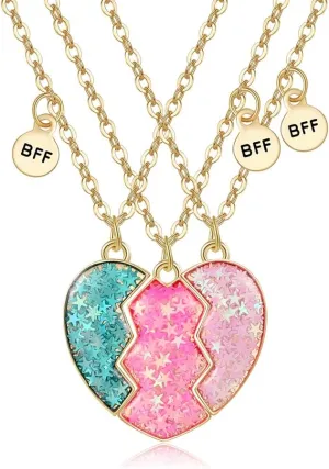 Best Friend Necklaces for 3, Magnetic Stitching Heart-shaped Friendship BFF Sequin Pendant 3PCS/Set Jewelry for Women