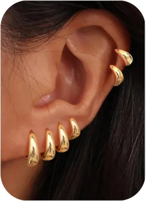 BESTEEL 6 Pairs Small Chunky Hoop Earrings - 14K Gold & Silver Huggie Hoops - Hypoallergenic - Tiny, Trendy Thick Hoops - Stackable for Sensitive Ears