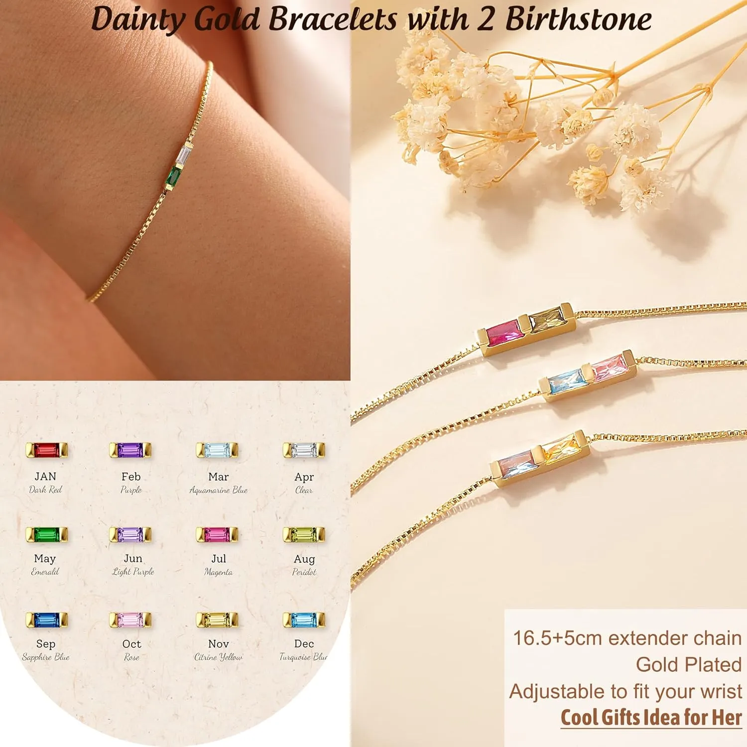 Birthstone Bracelets for Women, Dainty Gold Bracelet with Birthstone Birthday Gifts for Her Mothers Day Gifts Trendy Stuff 14k Plated Adjustable Link Bracelet Anniversary Christmas Jewelry