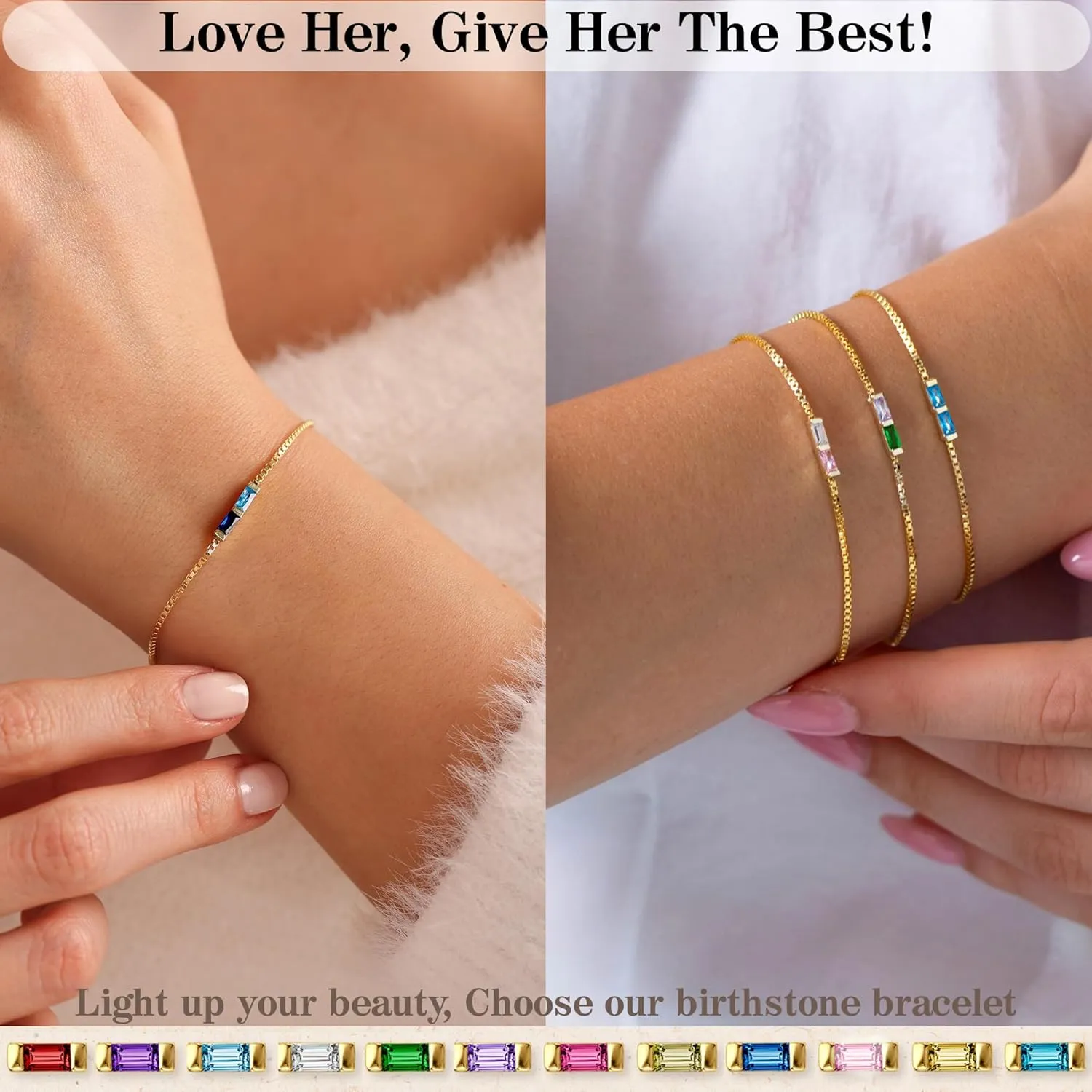 Birthstone Bracelets for Women, Dainty Gold Bracelet with Birthstone Birthday Gifts for Her Mothers Day Gifts Trendy Stuff 14k Plated Adjustable Link Bracelet Anniversary Christmas Jewelry