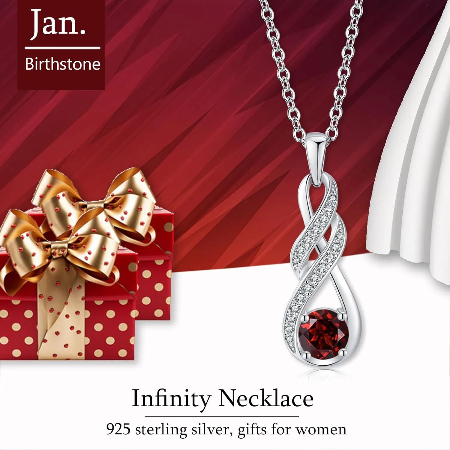 Birthstone Necklaces for Women 925 Sterling Silver Infinity Pendant White Gold Jewelry for Her, 16" 2"