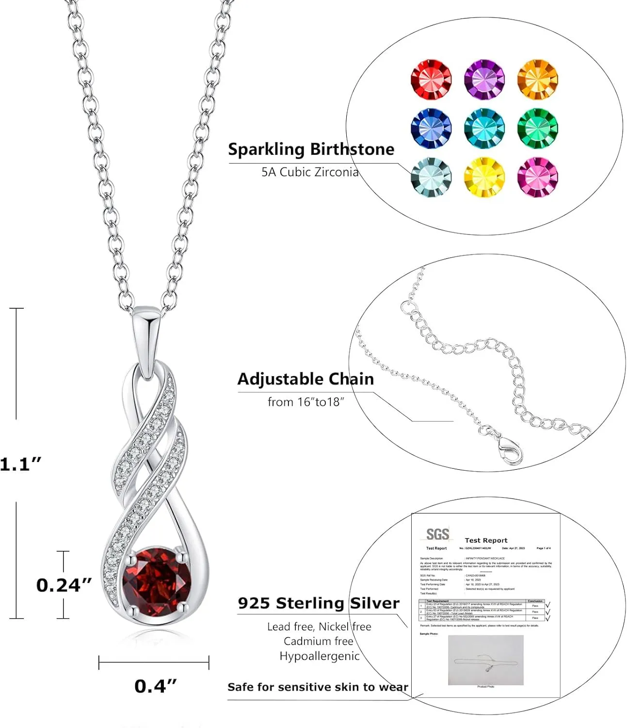 Birthstone Necklaces for Women 925 Sterling Silver Infinity Pendant White Gold Jewelry for Her, 16" 2"