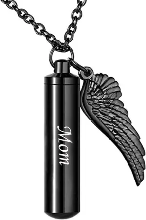 Black Bullet Urn Necklaces for Ashes Angel Wing Charm Cremation Jewelry Stainless Steel Keepsake Memorial Pendant