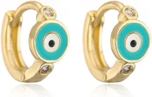 Blue Turkey Evil Eye Small Hoop Earrings for Women Girls 18K Gold Plated Charm Cubic Zirconia Cartilage Mini Tiny Round Huggie Ear Cuff Protection Lucky Statement Eternity Engagement Jewelry Fashion Gifts Bff Birthday