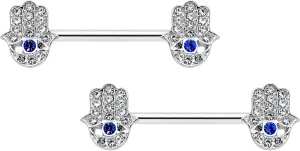 Body Candy 14G Womens Nipplerings Piercing 316L Surgical Steel 2Pc Blue Eye Hamsa Hand Nipple Ring Set 9/16"