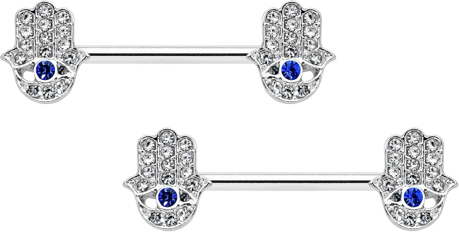 Body Candy 14G Womens Nipplerings Piercing 316L Surgical Steel 2Pc Blue Eye Hamsa Hand Nipple Ring Set 9/16"