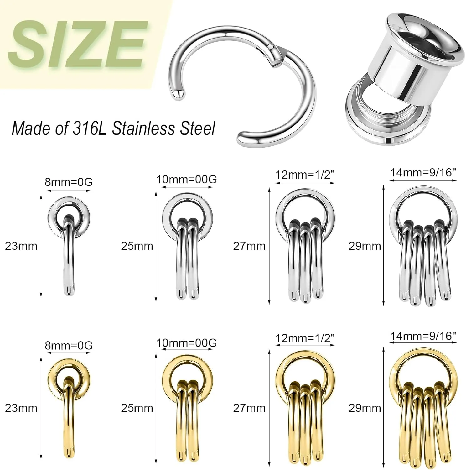 BodyAce 1 Pair Ear Guages Rings 316L Stainless Steel Saddle Plugs for Ears Weight Hypoallergenic Earrings Stretchers Tunnels 0G 00G 1/2" 9/16" Expander Piercing Body Jewelry