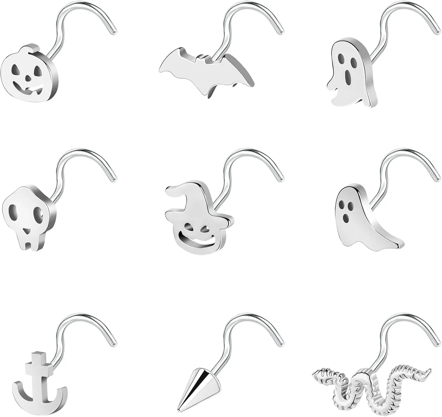 BodyAce 20G Halloween Nose Piercing Jewelry, Stainless Steel Nostril Studs Black Nose Rings, Gothic Bat Screw Nose Stud L Shaped Skull Ring for Women Men