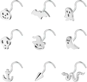 BodyAce 20G Halloween Nose Piercing Jewelry, Stainless Steel Nostril Studs Black Nose Rings, Gothic Bat Screw Nose Stud L Shaped Skull Ring for Women Men