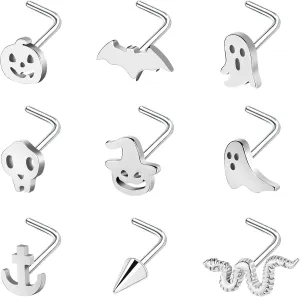 BodyAce 20G Halloween Nose Piercing Jewelry, Stainless Steel Nostril Studs Black Nose Rings, Gothic Bat Screw Nose Stud L Shaped Skull Ring for Women Men