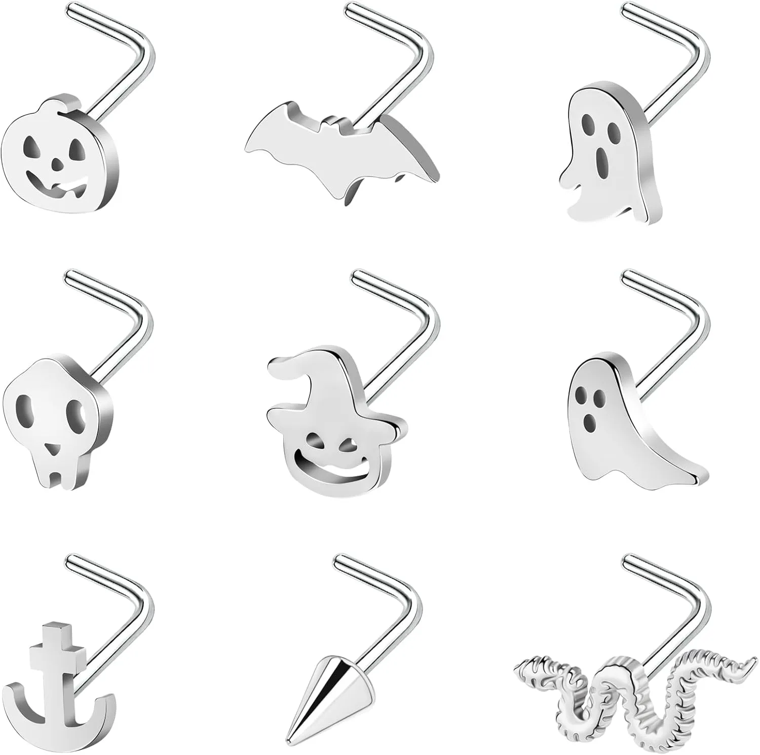 BodyAce 20G Halloween Nose Piercing Jewelry, Stainless Steel Nostril Studs Black Nose Rings, Gothic Bat Screw Nose Stud L Shaped Skull Ring for Women Men