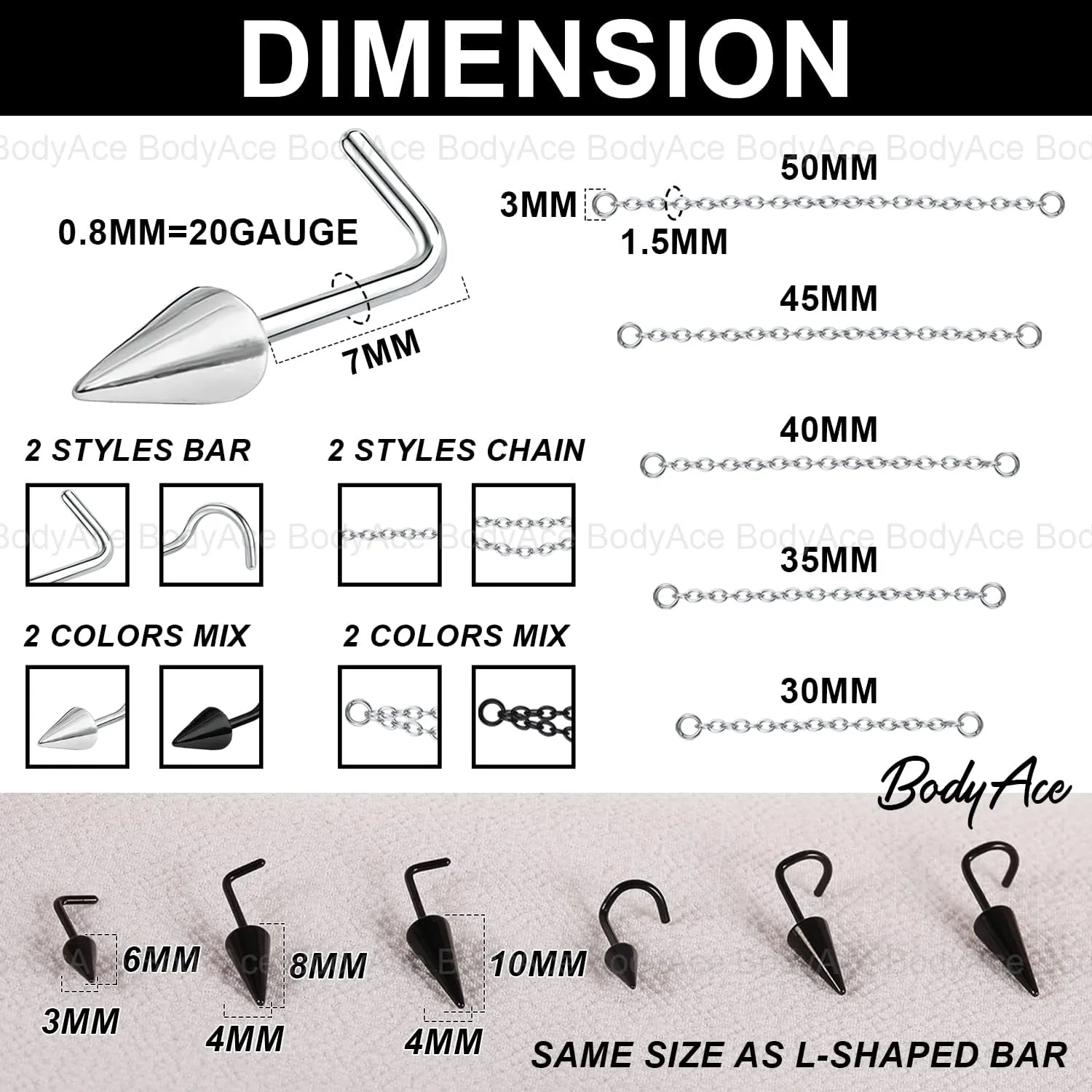 BodyAce 20G Spike Nose Rings Studs with Chains, Stainless Steel Spike Nostril Ring Stud Chain, Black Rook Corkscrew Ring L-Shaped Nose Piercing Jewelry