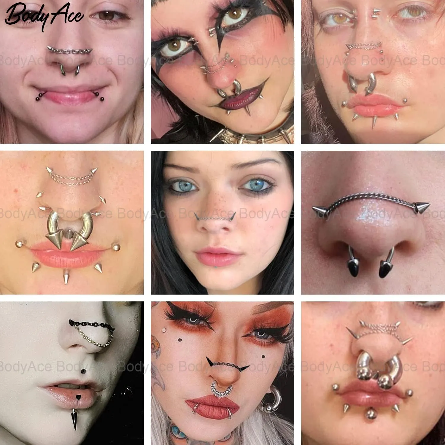 BodyAce 20G Spike Nose Rings Studs with Chains, Stainless Steel Spike Nostril Ring Stud Chain, Black Rook Corkscrew Ring L-Shaped Nose Piercing Jewelry