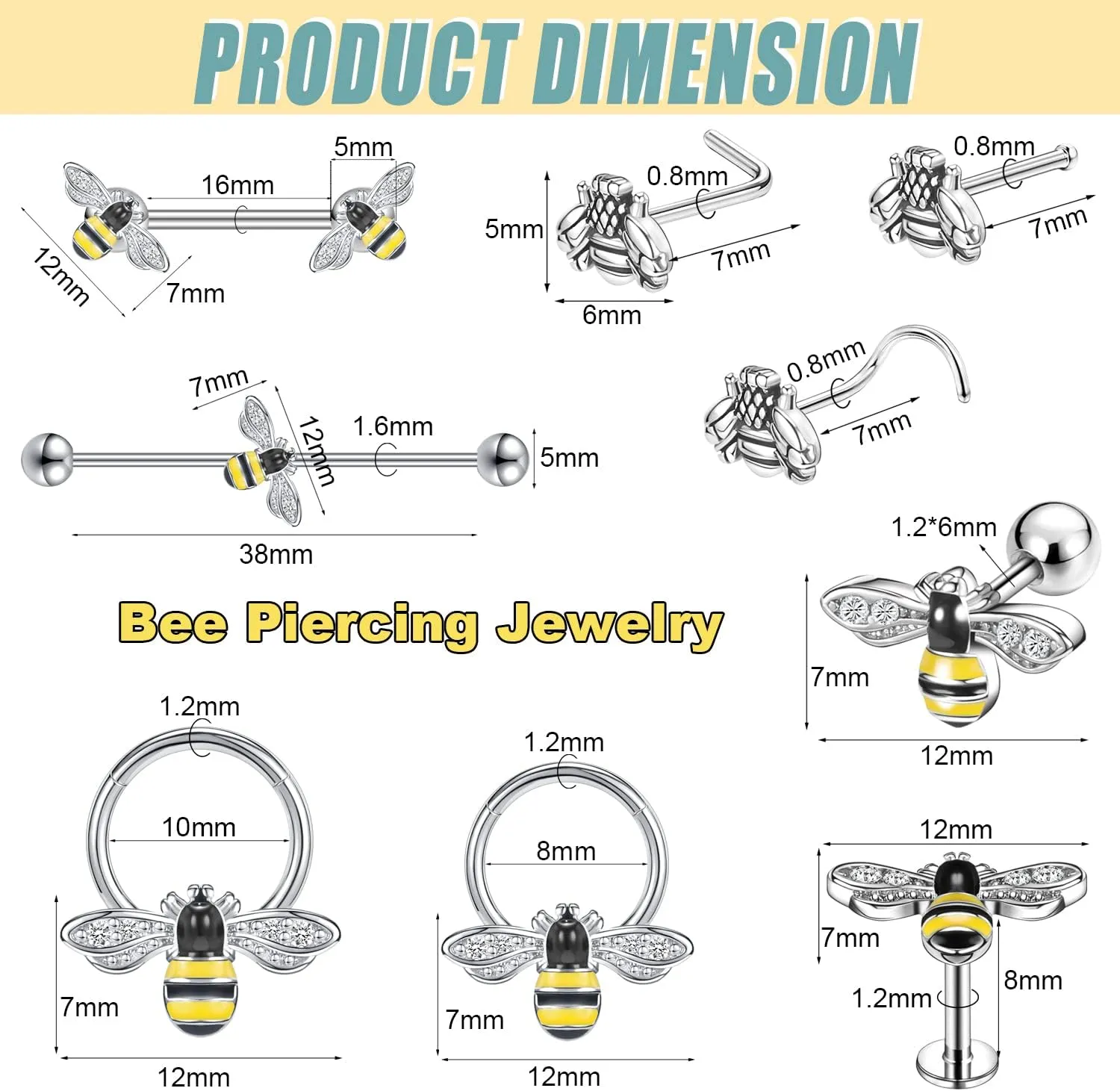 BodyAce Bee Septum Nose Rings Hoops, Butterfly Nose Cuff Small Nose Studs, Surgical Steel Tragus Lip Ring Industrial Earrings Nipple Piercing Jewelry