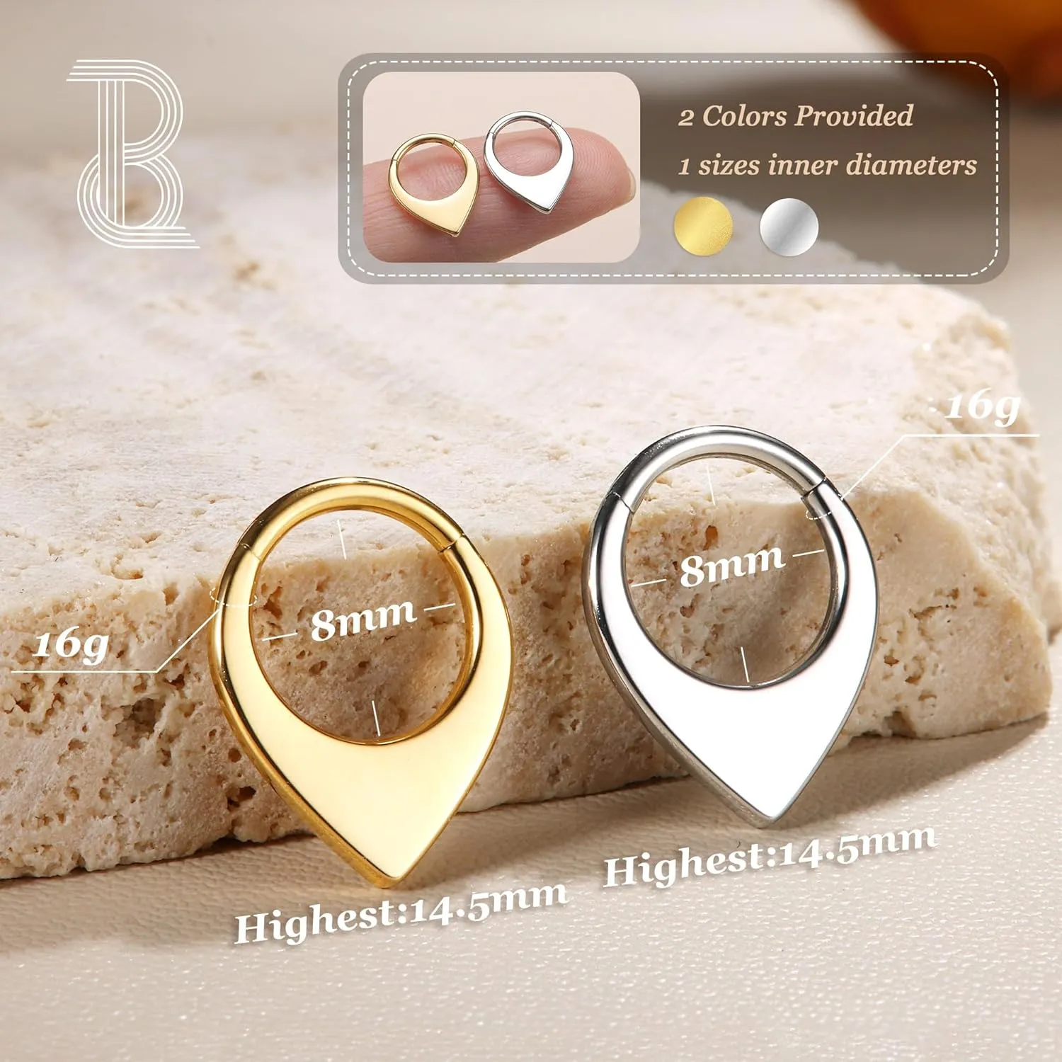 BodyBonita 16G Septum Rings Teardrop - 316L Surgical Steel Nose Rings Hoops Teardrop Seamless Hinged Cartilage Earrings for Women Conch Daith Piercing Jewelry Helix Rook Lip Gold/Silver/Black/RoseGold
