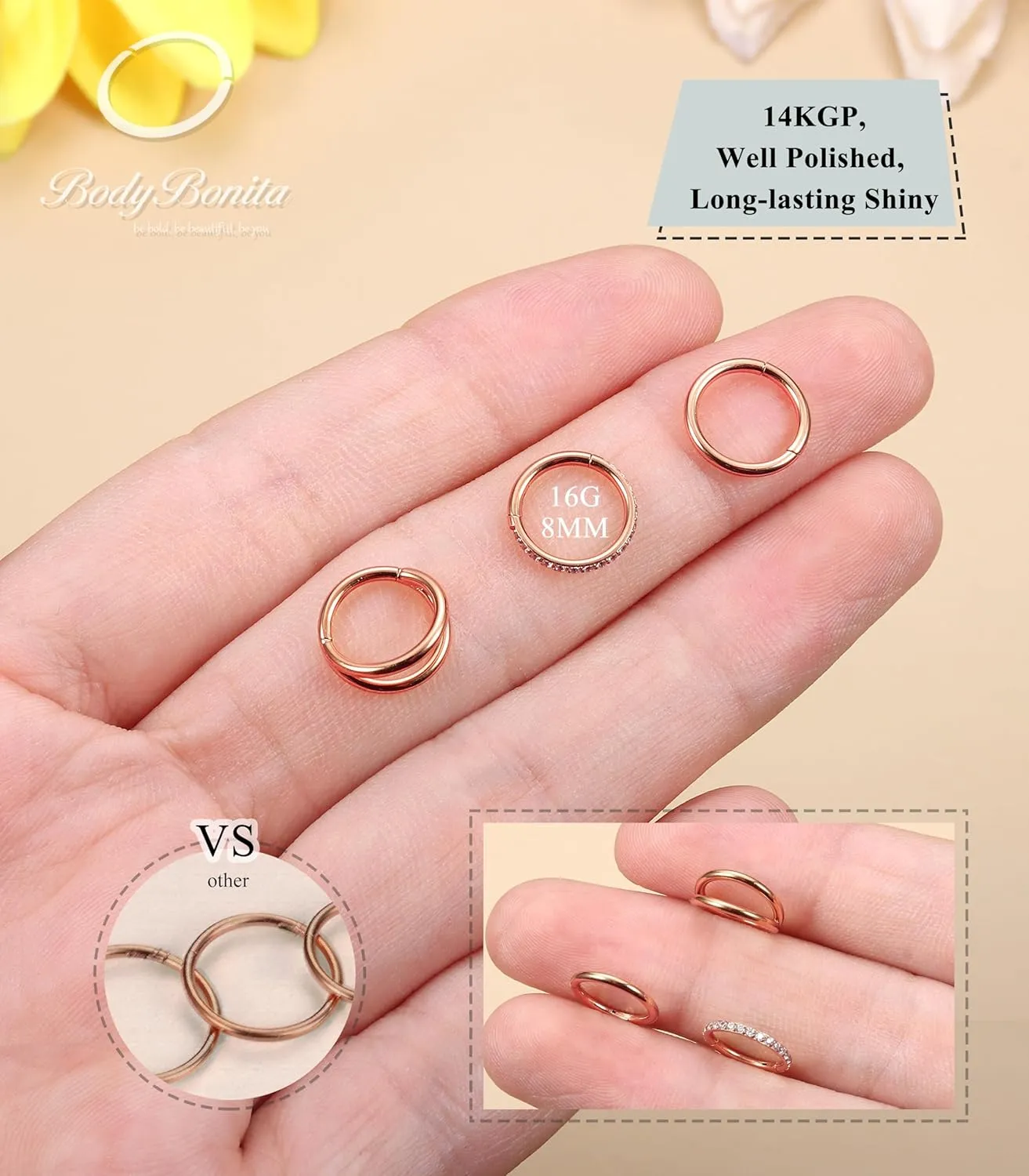 BodyBonita 3pcs Nose Rings Hoops - 316L Surgical Steel Double Hoop Nose Rings 14G/16G/18G/20G Hinged CZ Piercing Jewelry Septum Clicker Rings Cartilage Earring Helix Rook Tragus Daith 7mm/8mm/9mm/10mm