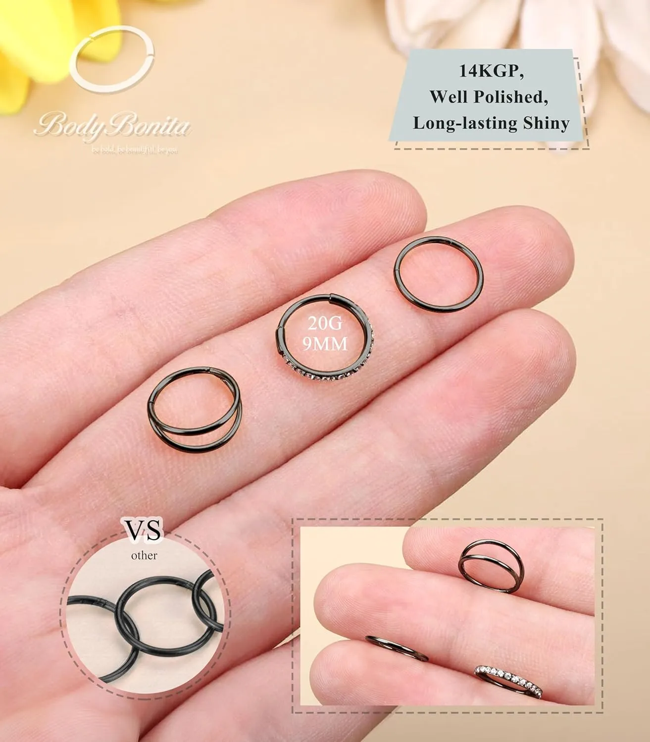 BodyBonita 3pcs Nose Rings Hoops - 316L Surgical Steel Double Hoop Nose Rings 14G/16G/18G/20G Hinged CZ Piercing Jewelry Septum Clicker Rings Cartilage Earring Helix Rook Tragus Daith 7mm/8mm/9mm/10mm