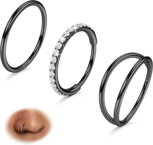 BodyBonita 3pcs Nose Rings Hoops - 316L Surgical Steel Double Hoop Nose Rings 14G/16G/18G/20G Hinged CZ Piercing Jewelry Septum Clicker Rings Cartilage Earring Helix Rook Tragus Daith 7mm/8mm/9mm/10mm