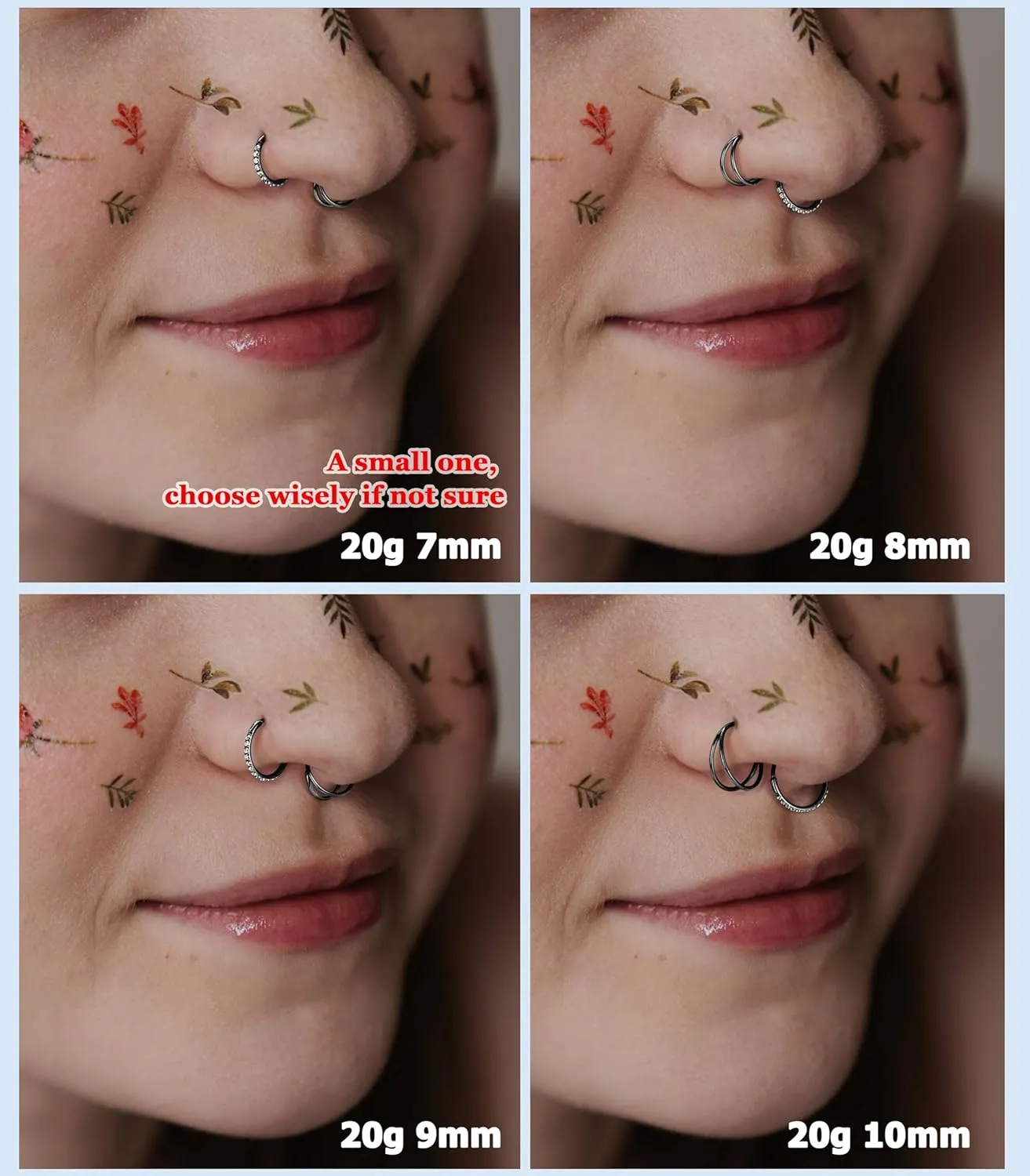 BodyBonita 3pcs Nose Rings Hoops - 316L Surgical Steel Double Hoop Nose Rings 14G/16G/18G/20G Hinged CZ Piercing Jewelry Septum Clicker Rings Cartilage Earring Helix Rook Tragus Daith 7mm/8mm/9mm/10mm