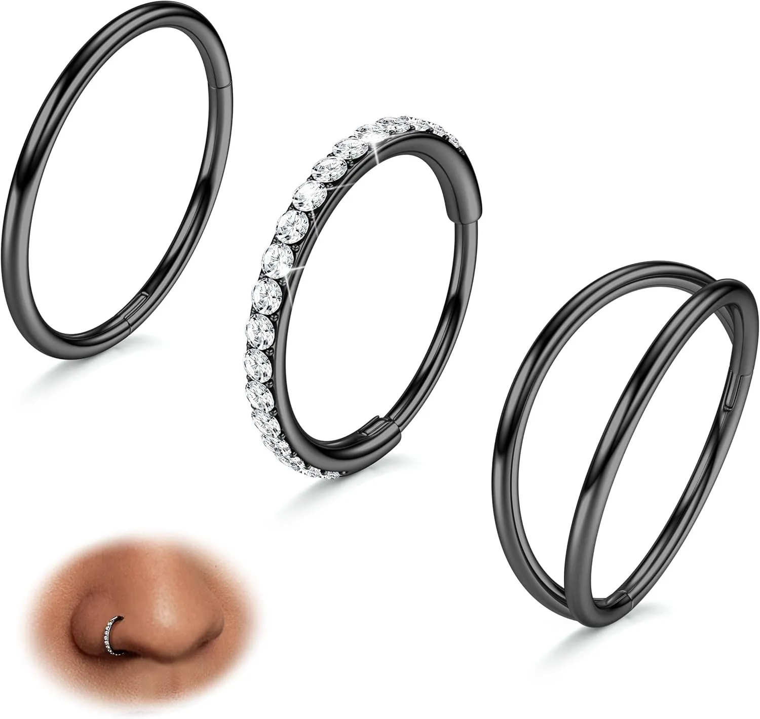 BodyBonita 3pcs Nose Rings Hoops - 316L Surgical Steel Double Hoop Nose Rings 14G/16G/18G/20G Hinged CZ Piercing Jewelry Septum Clicker Rings Cartilage Earring Helix Rook Tragus Daith 7mm/8mm/9mm/10mm
