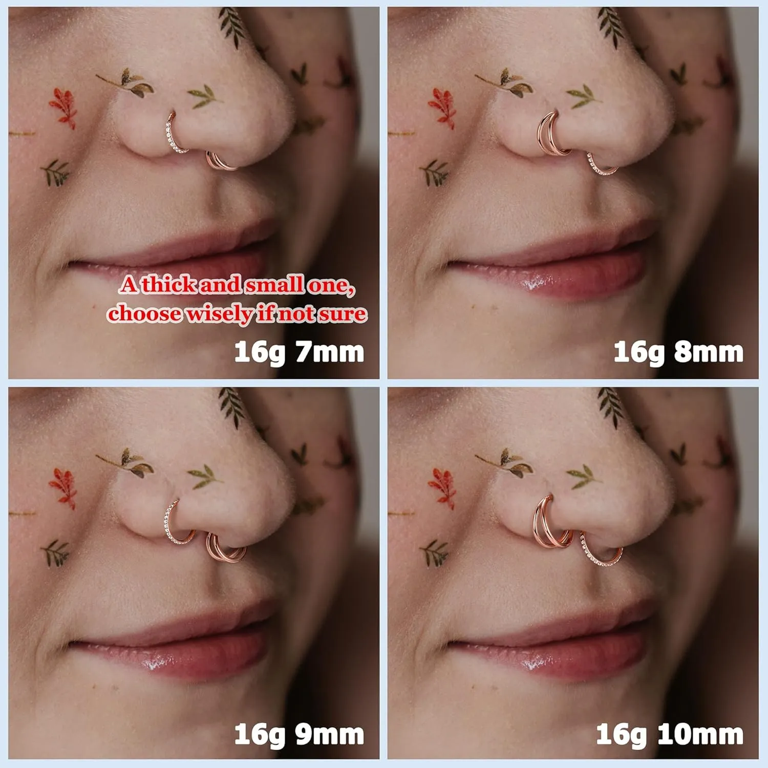 BodyBonita 3pcs Nose Rings Hoops - 316L Surgical Steel Double Hoop Nose Rings 14G/16G/18G/20G Hinged CZ Piercing Jewelry Septum Clicker Rings Cartilage Earring Helix Rook Tragus Daith 7mm/8mm/9mm/10mm