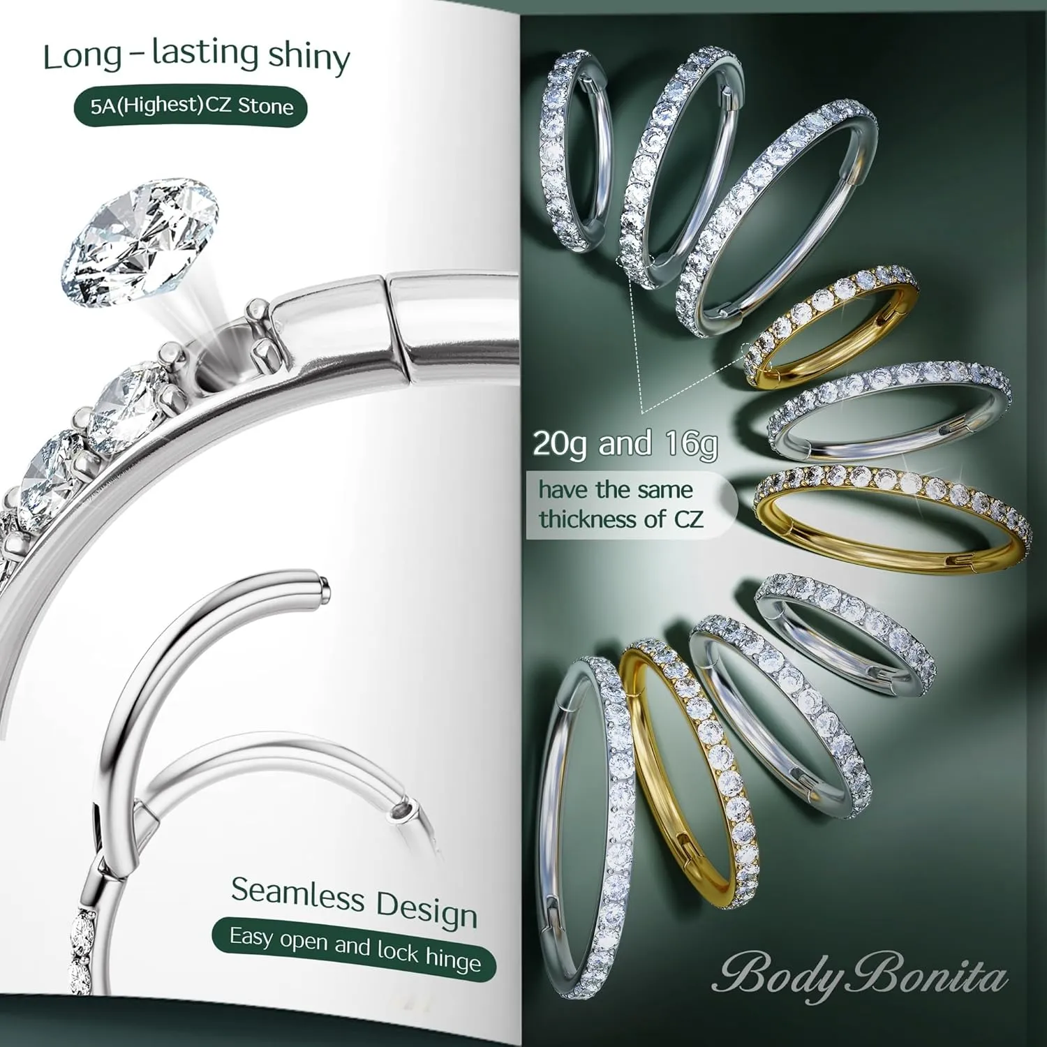 BodyBonita Clear CZ Nose Rings Hoop - 316L Surgical Steel Body Piercing Hoop Clicker 20G/18G/16G Earrings Jewelry Cartilage Helix Rook Tragus Conch Daith Ring 6/7/8/9/10/11/12mm - Gold/Silver/Black