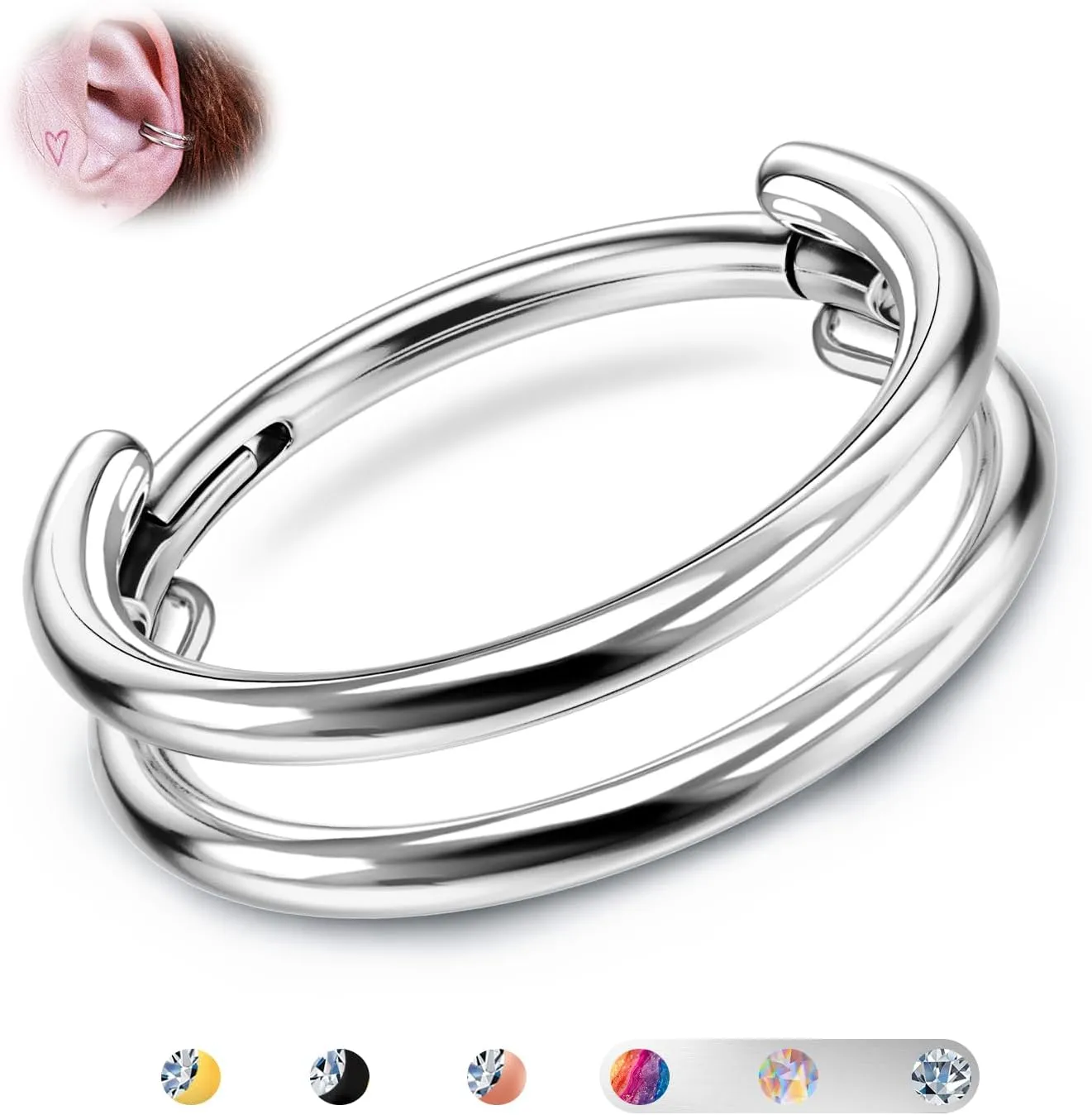 BodyBonita G23 Titanium Cartilage Earring Hoop Stacked Clicker 16G CZ Double/Triple Septum Rings Conch Piercing Jewelry Tragus Daith Helix Earrings Nose Rings Hoops for Women Silver/Gold 8mm 10mm 12mm