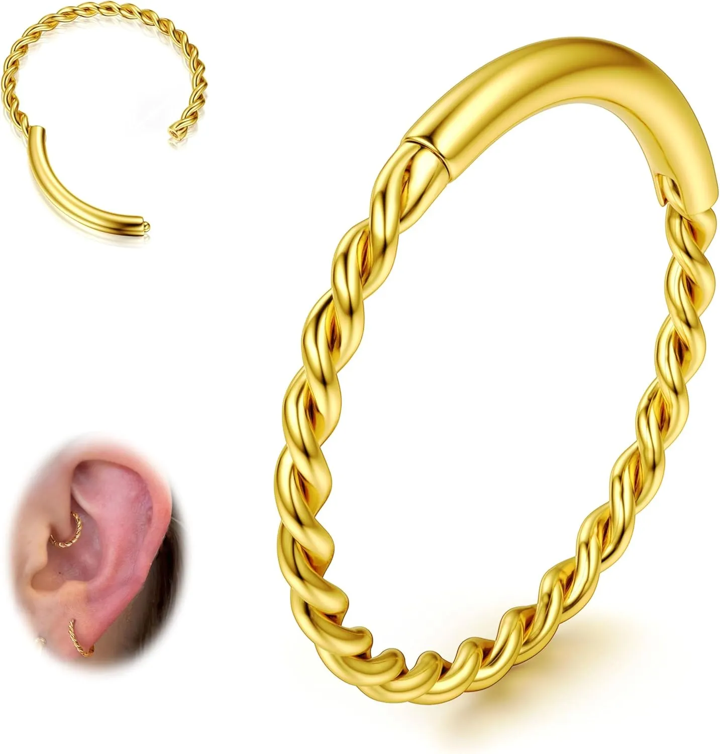 BodyBonita Hinged Nose Rings Hoops - 316L Surgical Steel Twisted Seamless Clicker Cartilage Earrings Septum Rings Jewelry Conch Piercing Tragus Rook Daith Helix for Women Gold/Black/Silver 16G/18G