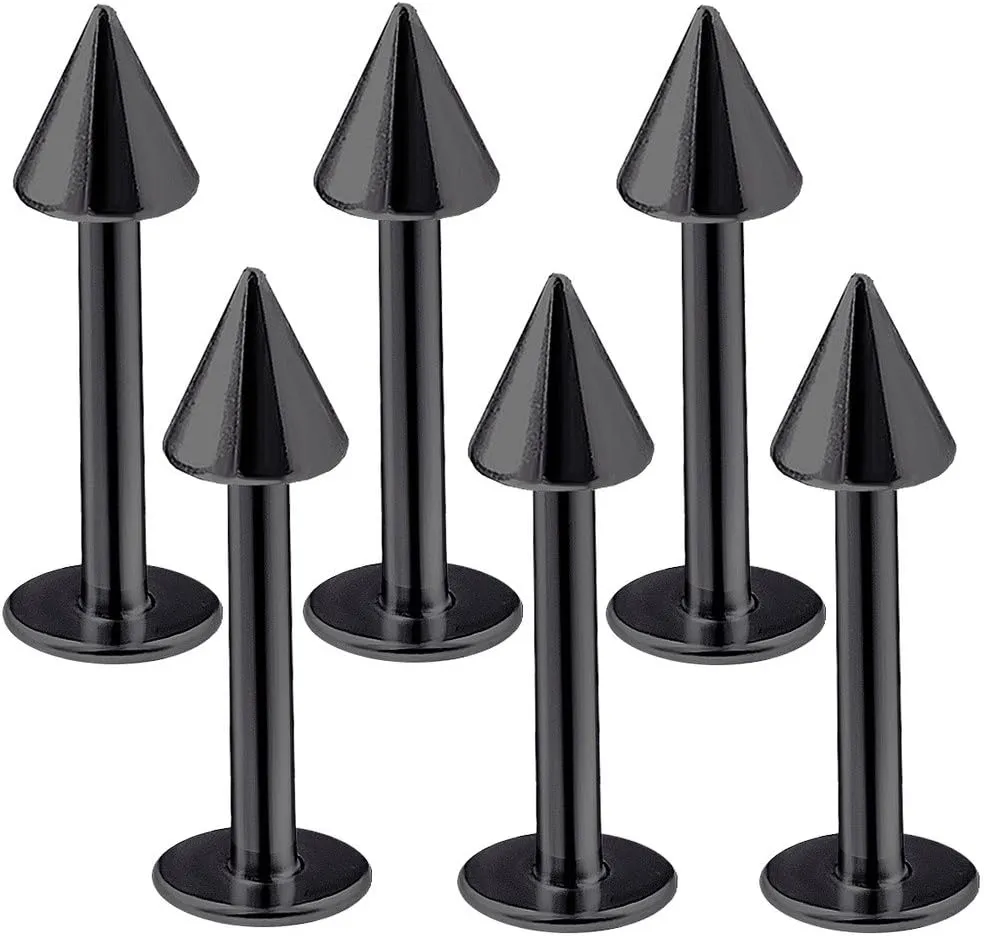 bodyjewellery 6pcs 16g Labret Stud Lip Ring Cartilage Tragus Snakebite Monroe Triple Forward Helix Conch Medusa Lobe Black Spike - 8mm