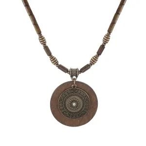 Boho Vintage Style Copper Patina Medallion and Wood Beaded Necklace - Length Choices (20, brown, copper)