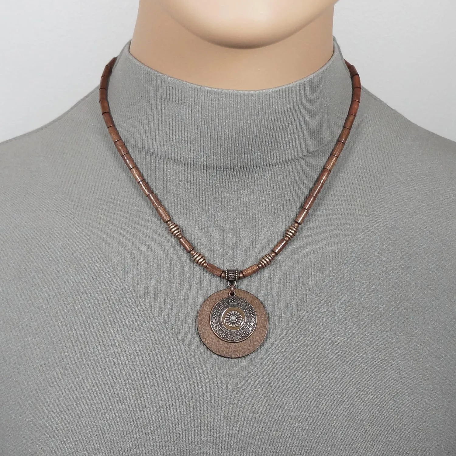Boho Vintage Style Copper Patina Medallion and Wood Beaded Necklace - Length Choices (20, brown, copper)