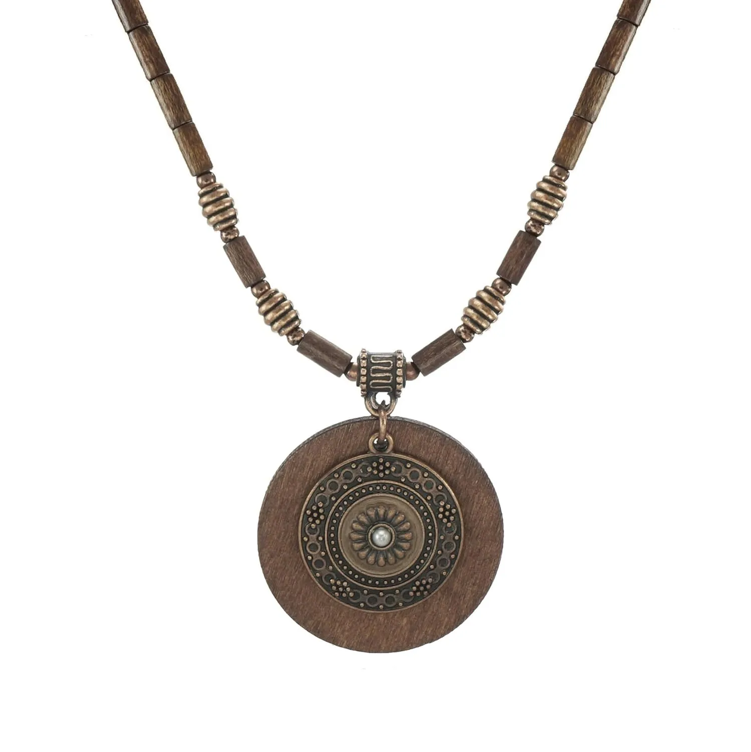 Boho Vintage Style Copper Patina Medallion and Wood Beaded Necklace - Length Choices (20, brown, copper)