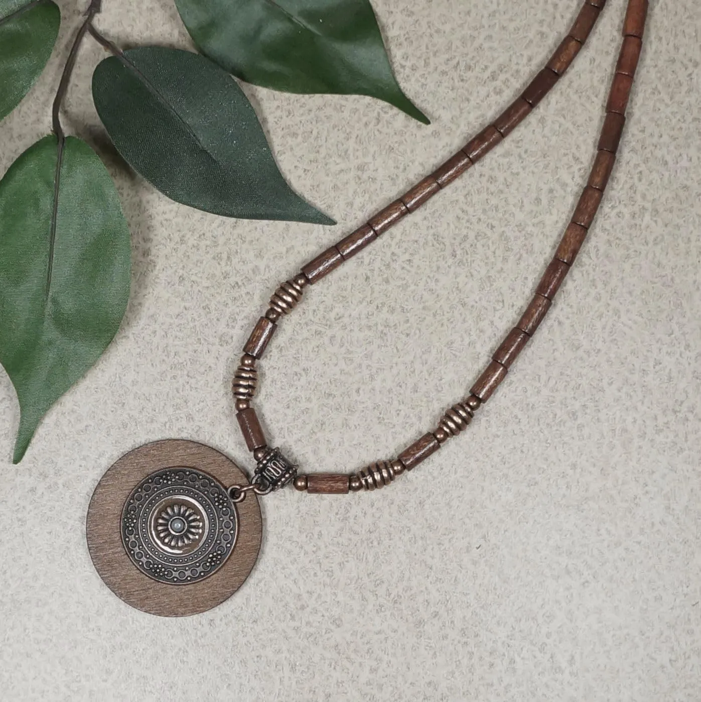 Boho Vintage Style Copper Patina Medallion and Wood Beaded Necklace - Length Choices (20, brown, copper)