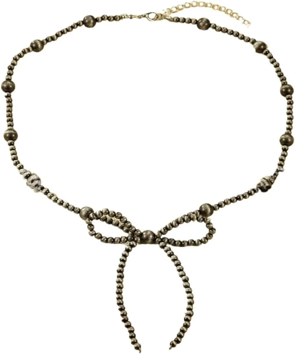 Bow Bowknot Imitation Pearl Necklace Vintage Navajo Cowboy Cowgirl Western Beaded Necklaces for Women Boho Jewelry