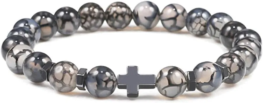 Bracelets 6mm 8mm Women Men Prayer Beaded Bracelet Hot Hematite Cross Natural Wood Beads Lava Stone Onyx Meditation Bracelets Yoga Jewelry-8mm Black dragon_