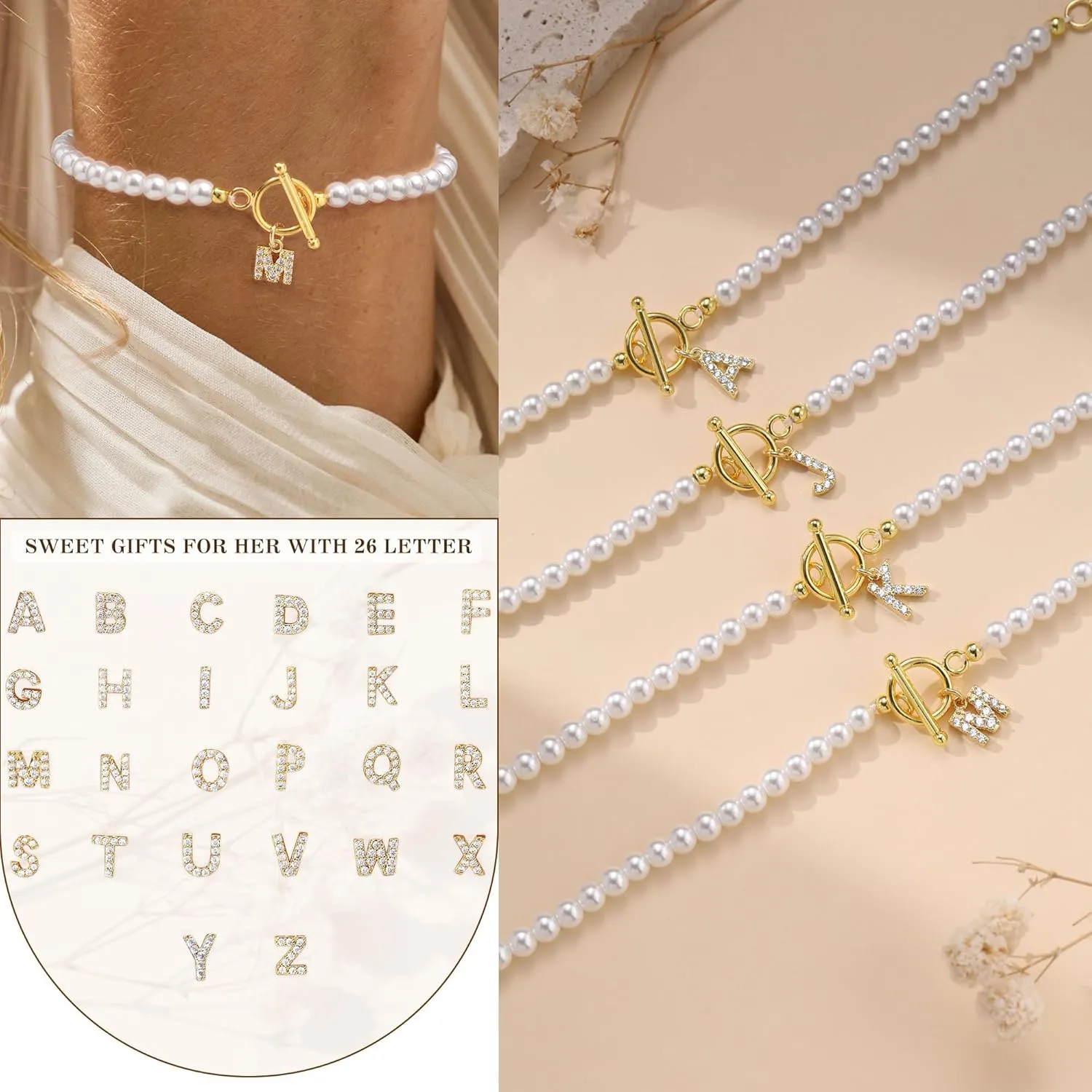 Btysun Initial Bracelets for Women, Mom Gifts for Mothers Day Pearl Bracelet Best Friend Birthday Gifts for Women Letter A-Z Gold Bracelets Graduation Gifts for Her 2025 Anniversary Christmas Jewelry