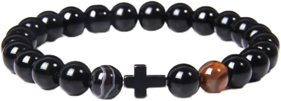 Buddhism Prayer Cross Bracelets Men Natural Healing Energy Polihsed Amethysts Pulsera Women Black Onyx Bangle 17cm Light Yellow Color