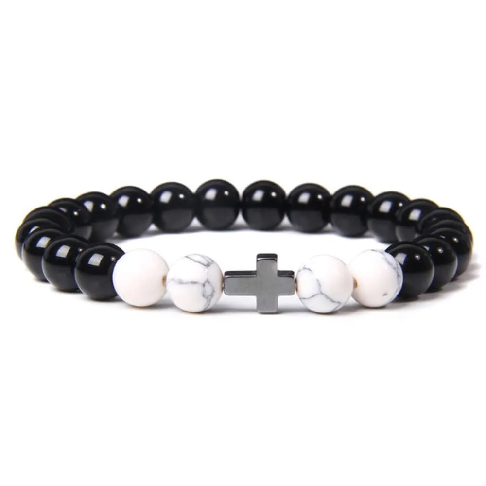 Buddhism Prayer Cross Bracelets Men Natural Healing Energy polihsed amethysts pulsera Women Black Onyx Bangle 17cm Vermeil